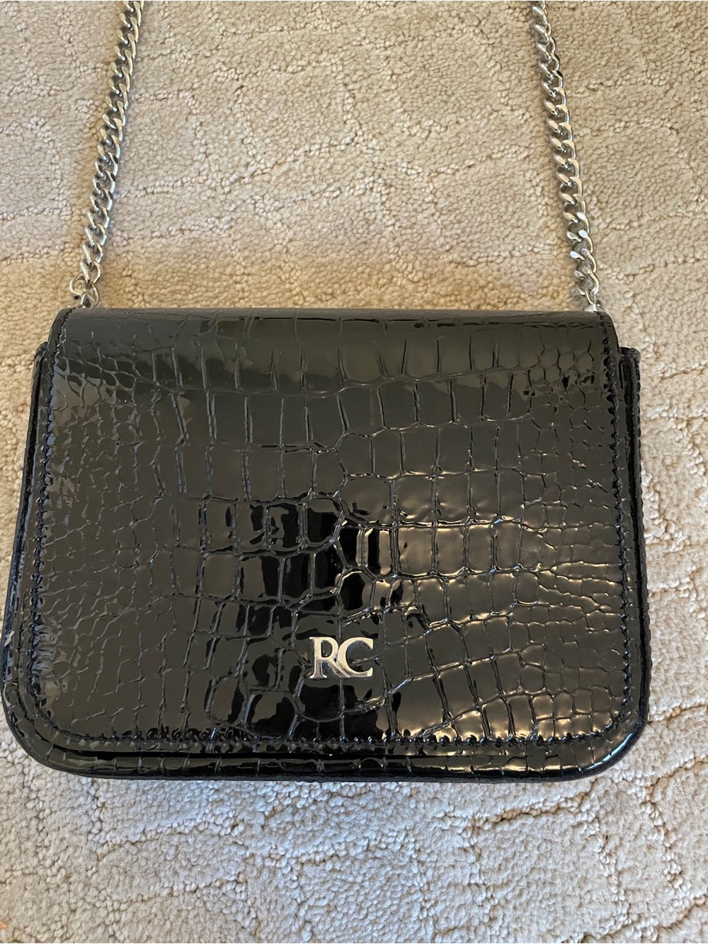 Black Croc-Embossed Chain Shoulder Bag